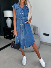 Load image into Gallery viewer, Collared Neck Cap Sleeve Denim Dress