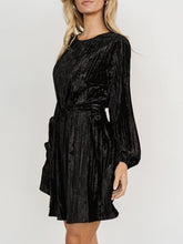 Load image into Gallery viewer, Velvet Round Neck Tie Waist Long Sleeve Mini Dress