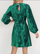 Load image into Gallery viewer, Velvet Round Neck Tie Waist Long Sleeve Mini Dress