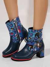 Load image into Gallery viewer, PU Leather Flower Block Heel Boots