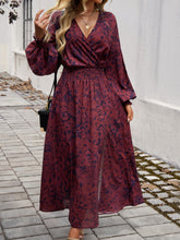 Load image into Gallery viewer, Split Printed Surplice Long Sleeve Midi Dress