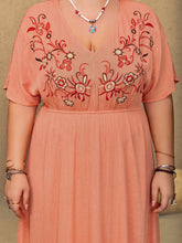 Load image into Gallery viewer, Plus Size Frill Embroidered V-Neck Half Sleeve Maxi Dress