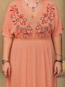 Plus Size Frill Embroidered V-Neck Half Sleeve Maxi Dress