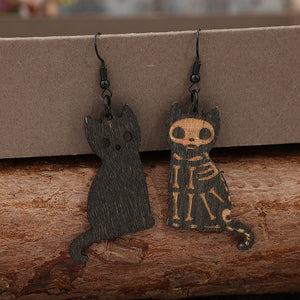 Alloy Hook Wooden Cat Skeleton Earrings