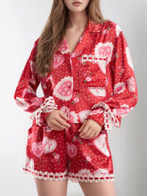 Load image into Gallery viewer, Valentine’s Day Lace Detail Heart Print Collared Neck Top and Shorts Lounge Set