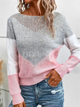 Load image into Gallery viewer, Openwork Contrast Round Neck Long Sleeve Knit Top