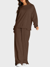 Load image into Gallery viewer, Round Neck Long Sleeve Top and Slit Pants Set