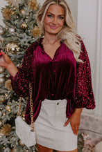 Load image into Gallery viewer, Sequin Notched Long Sleeve Blouse