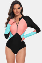 Load image into Gallery viewer, Color Block Half Zip Long Sleeve One-Piece Swimwear