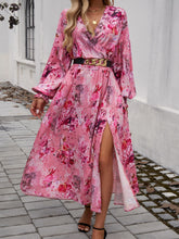 Load image into Gallery viewer, Split Printed Surplice Long Sleeve Midi Dress