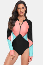 Load image into Gallery viewer, Color Block Half Zip Long Sleeve One-Piece Swimwear