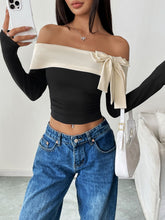 Load image into Gallery viewer, Perfee Bow Contrast Off-Shoulder Long Sleeve Top