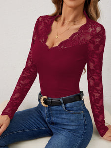 Lace Wavy Hem V-Neck Long Sleeve Top