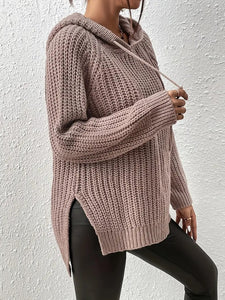 High-Low Side Slit Drawstring Long Sleeve Hooded Sweater