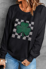 Load image into Gallery viewer, Rhinestone Checkered Lucky Clover Round Neck Sweatshirt