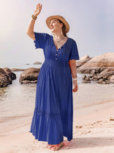 Load image into Gallery viewer, Plus Size Lace Detail Tie Neck Short Sleeve Maxi Dress