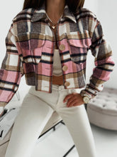 Load image into Gallery viewer, Pocketed Collared Neck Long Sleeve Plaid Jacket