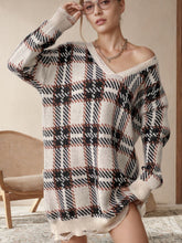 Load image into Gallery viewer, Distressed Plaid V-Neck Long Sleeve Sweater Dress