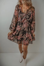 Load image into Gallery viewer, Printed Tie Neck Long Sleeve Mini Dress