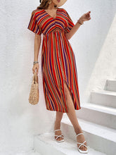 Load image into Gallery viewer, Slit Striped V-Neck Short Sleeve Midi Dress