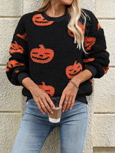 Load image into Gallery viewer, Fuzzy Pumpkin Round Neck Dropped Shoulder Sweater