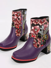 Load image into Gallery viewer, PU Leather Flower Block Heel Boots