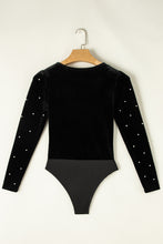 Load image into Gallery viewer, Pearl Detail Velvet V-Neck Long Sleeve Bodysuit