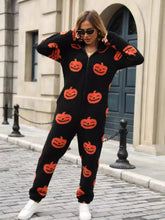 Load image into Gallery viewer, Fuzzy Pumpkin Half Zip Hooded Jumpsuit