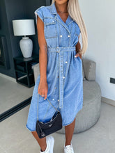 Load image into Gallery viewer, Collared Neck Cap Sleeve Denim Dress