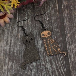 Alloy Hook Wooden Cat Skeleton Earrings