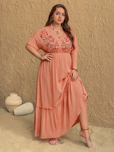 Load image into Gallery viewer, Plus Size Frill Embroidered V-Neck Half Sleeve Maxi Dress