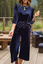 Load image into Gallery viewer, Velvet Round Neck Long Sleeve Top and Drawstring Pants Lounge Set