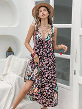 Load image into Gallery viewer, Printed Plunge Mixed Pattern Floral Ikat Sleeveless Midi Dress