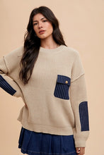 Load image into Gallery viewer, Annie Wear Contrast Round Neck Drop Shoulder Sweater with Patch Pocket