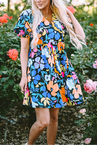 Printed Johnny Collar Half Sleeve Mini Dress