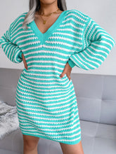 Load image into Gallery viewer, Striped V-Neck Long Sleeve Mini Sweater Dress