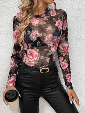 Mesh Floral Mock Neck Long Sleeve Top