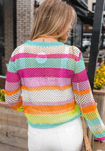 Load image into Gallery viewer, Openwork Contrast Striped Round Neck Knit Top