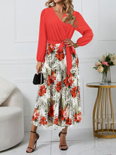 Load image into Gallery viewer, Pleated Printed Surplice Long Sleeve Dress