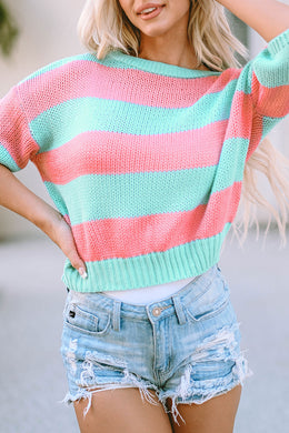 Color Block Round Neck Half Sleeve Sweater