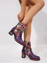 Load image into Gallery viewer, PU Leather Flower Block Heel Boots