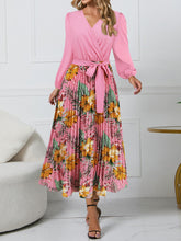 Load image into Gallery viewer, Pleated Printed Surplice Long Sleeve Dress