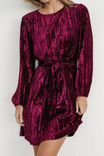 Load image into Gallery viewer, Velvet Round Neck Tie Waist Long Sleeve Mini Dress