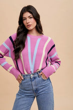 Load image into Gallery viewer, Annie Wear Chevron Stripe Round Neck Ribbed Sweater