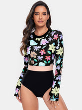 Load image into Gallery viewer, Flower Round Neck Long Sleeve One-Piece Swimwear
