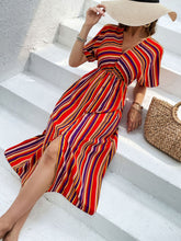 Load image into Gallery viewer, Slit Striped V-Neck Short Sleeve Midi Dress