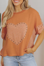 Load image into Gallery viewer, Stud Heart Patch Round Neck Short Sleeve T-Shirt