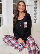 Load image into Gallery viewer, Round Neck Long Sleeve Top and Plaid Pants Lounge Set