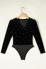 Load image into Gallery viewer, Pearl Detail Velvet V-Neck Long Sleeve Bodysuit