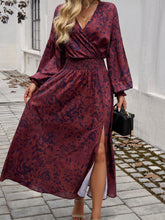 Load image into Gallery viewer, Split Printed Surplice Long Sleeve Midi Dress